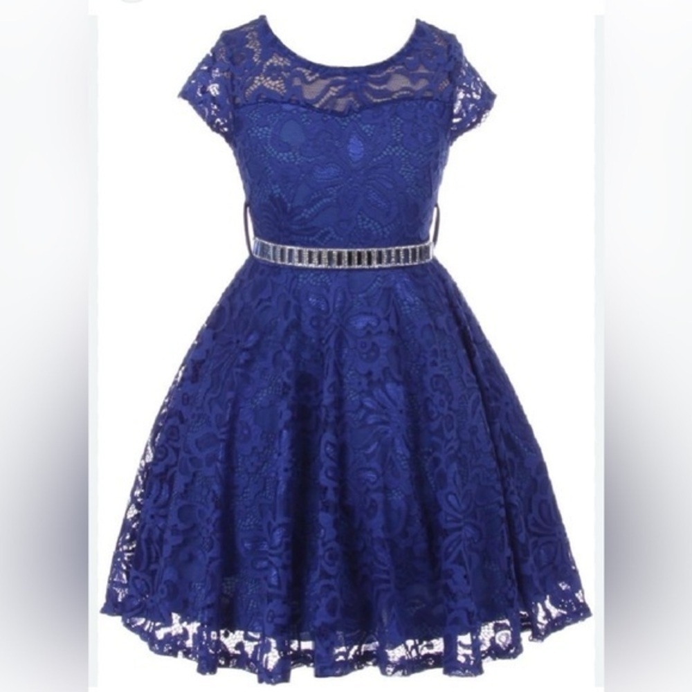 Just Kids Girl Cap Sleeve Lace Skater Stone Belt Flower Girls Dress Scoop Neck12